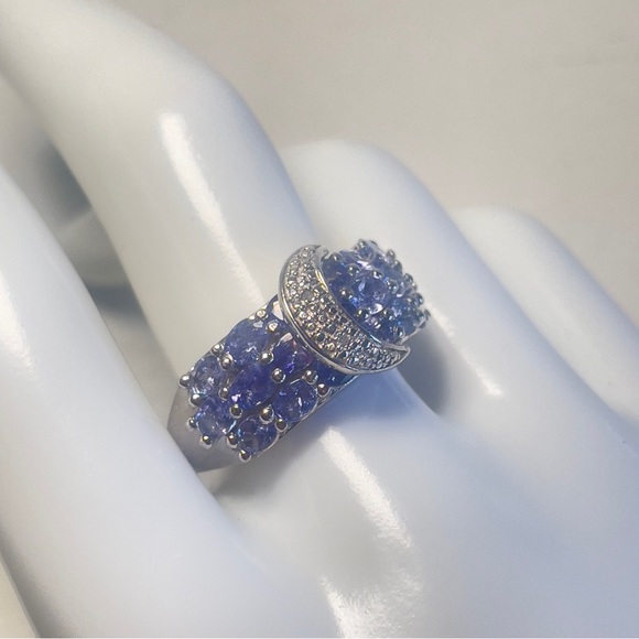 Tanzanite and Zircon Buckle Ring in Platinum over Sterling Silver Size 10 - Picture 1 of 15